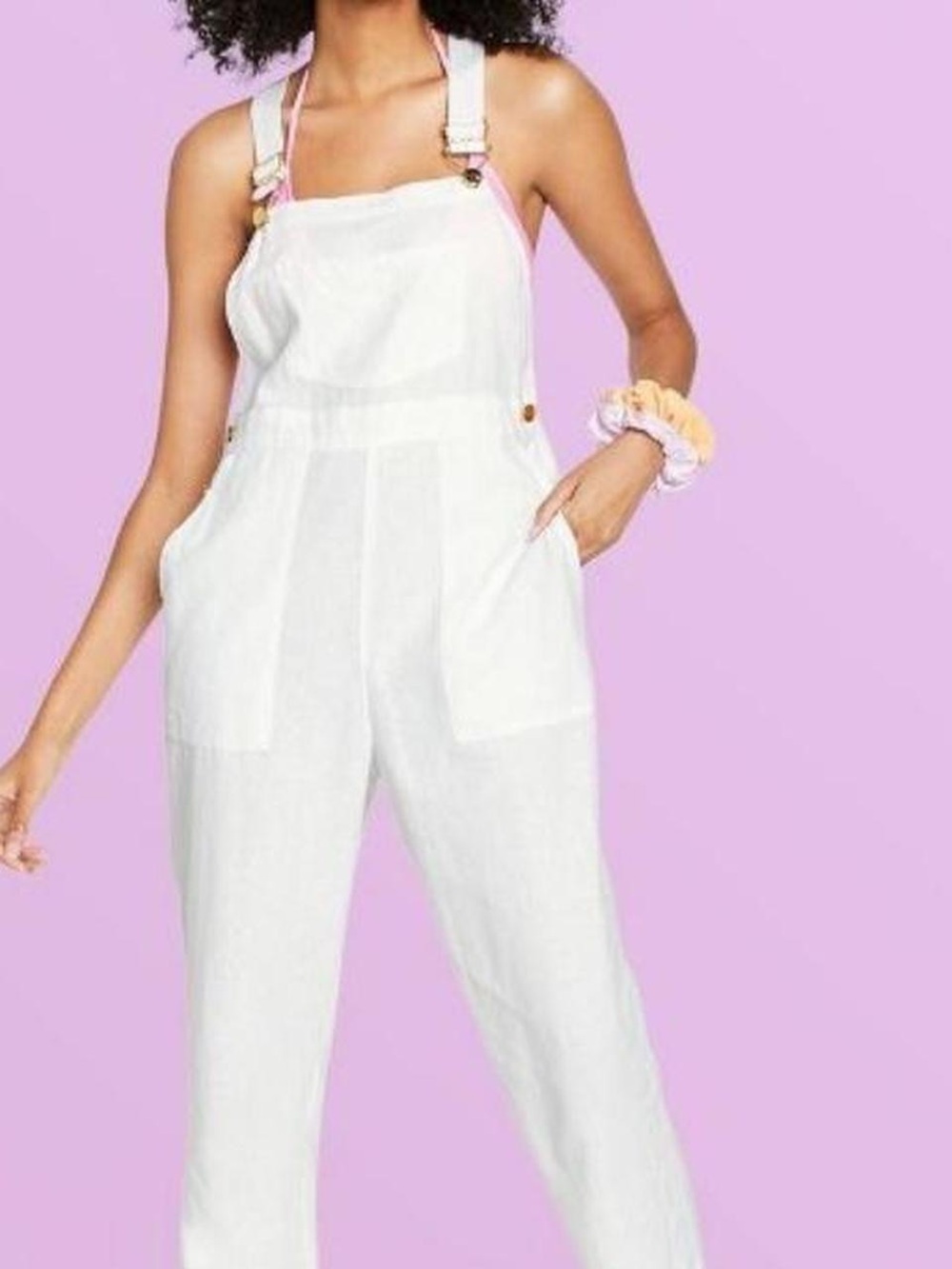 Stoney Clover Lane White Linen Overalls with Pink Strap Accents